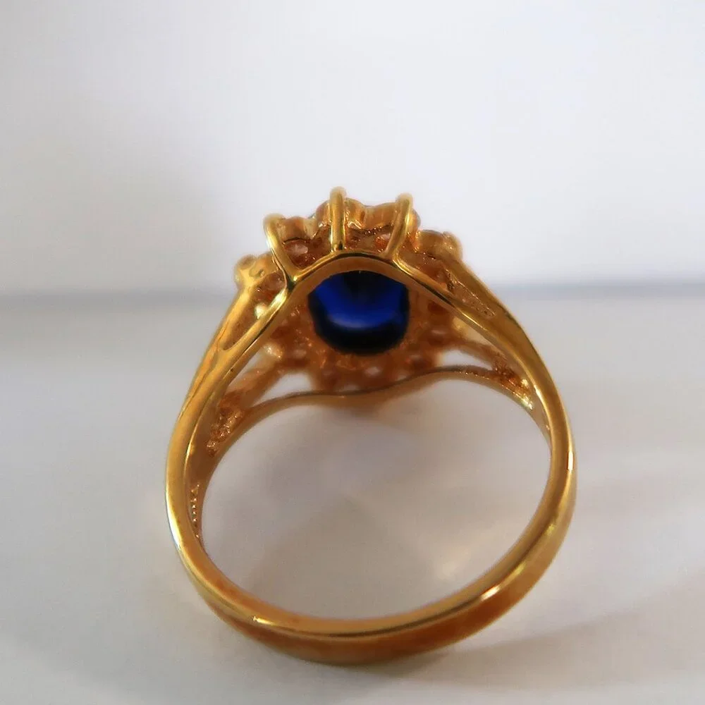 Mens 14K Gold Electroplate Ring Blue Center Stone White Accents Sz 8.75